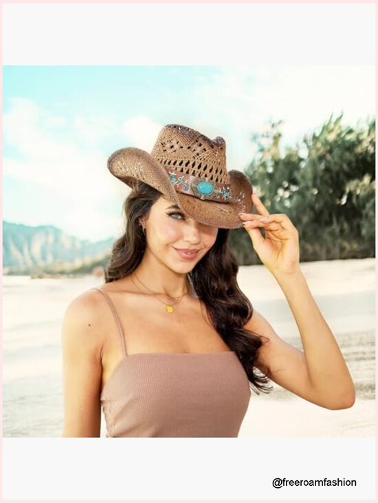 Straw Cowboy Hat Wide Brim Shapeable Western Cowgirl Beach Sun Hat main image 7